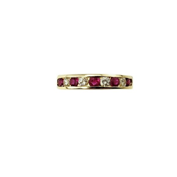 Vintage 14 Karat Yellow Gold Lab Created Ruby Diamond Band Ring Size 6.5 #11435 - Picture 1 of 9